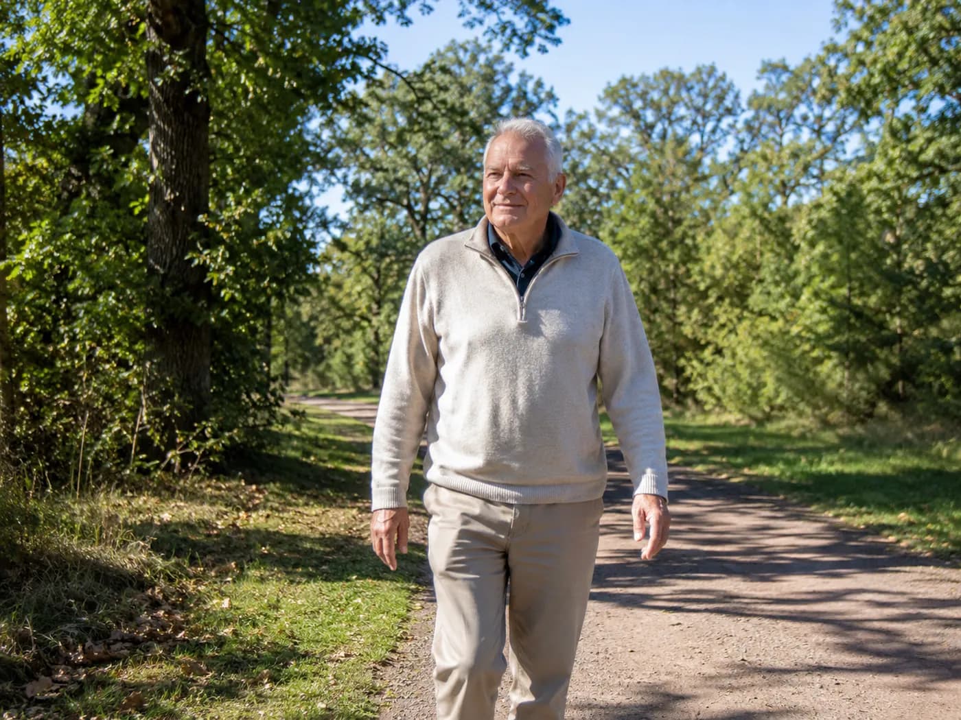 A man walking along a tree-lined path in the sunshine.